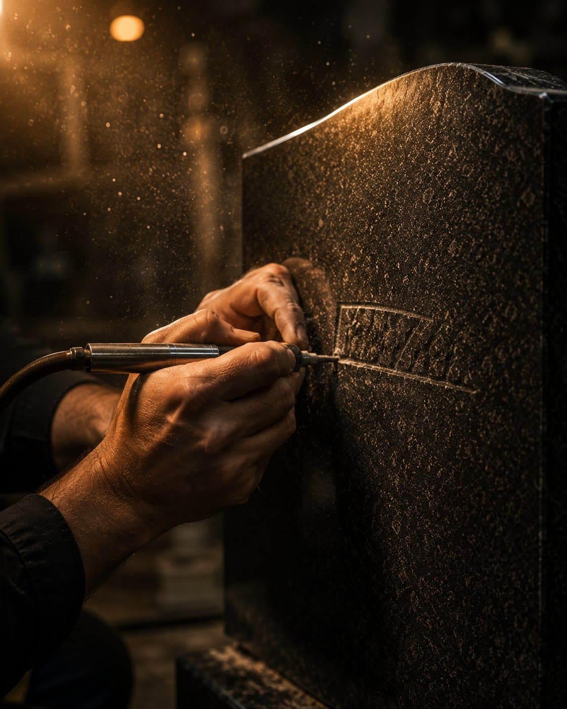 Hands carefully lettering a granite memorial
