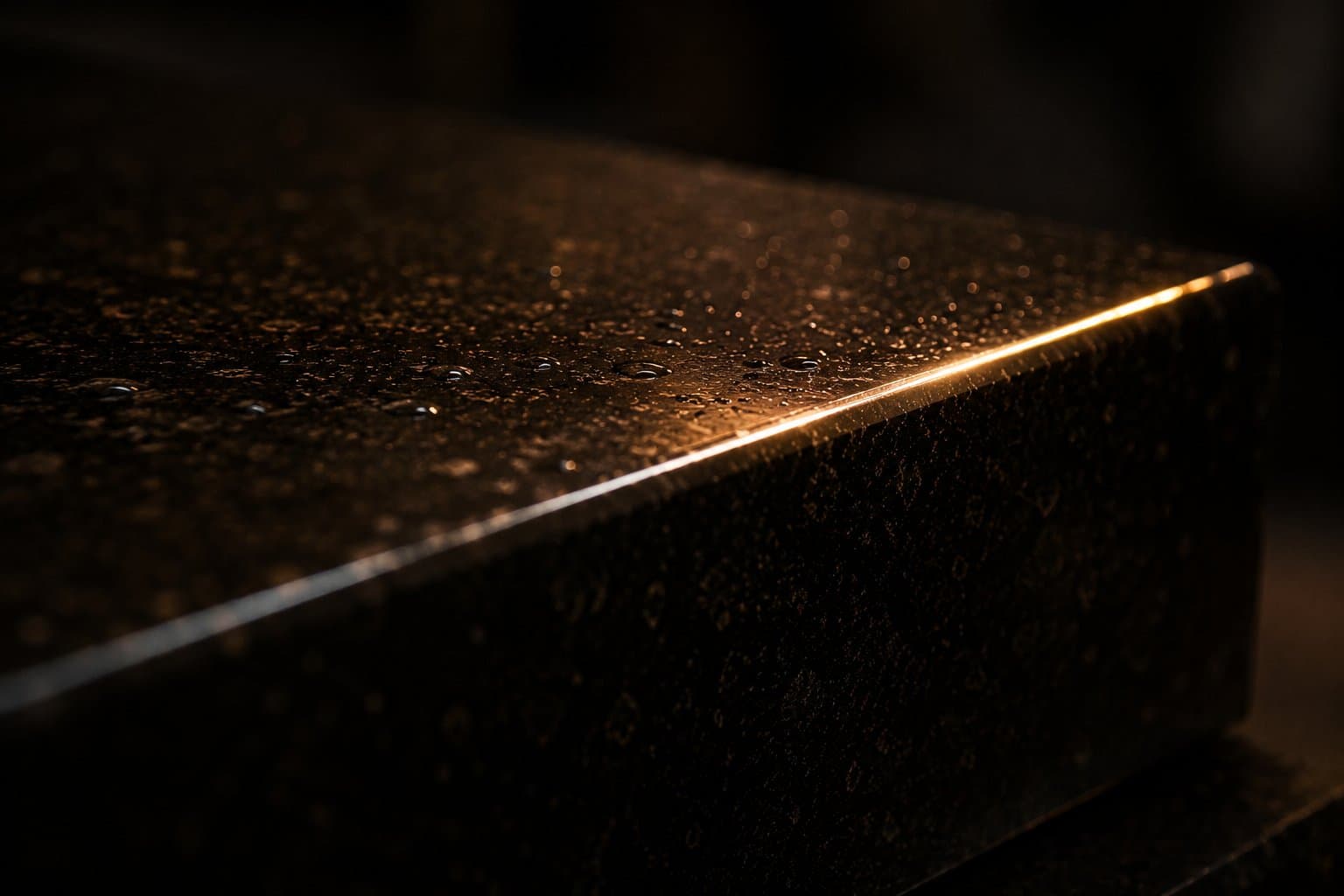A polished granite edge catching warm light