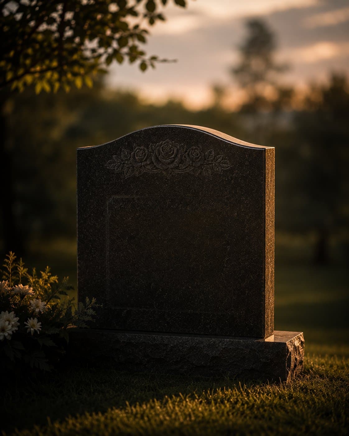 A finished memorial in soft golden light